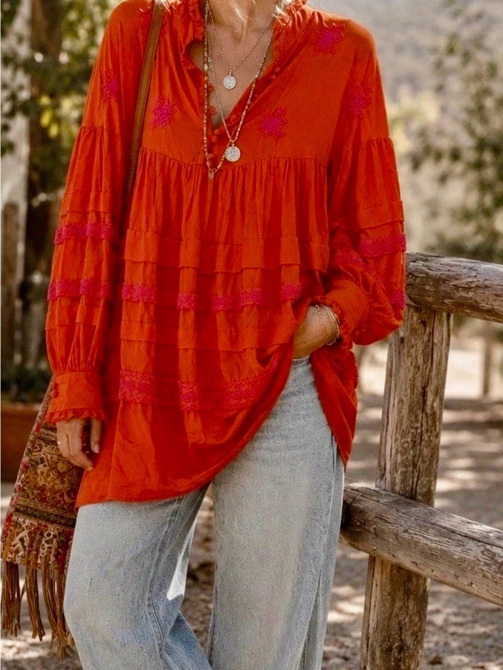 Anthropologie XL Orange Pink Floral Embroidered Tunic Blouse Boho Balloon Sleeve